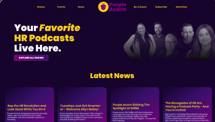 The rebranded Purple Acorn site — bold purple and yellow, 'Your Favorite HR Podcasts Live Here'