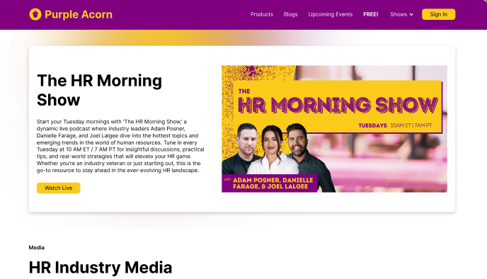 Purple Acorn's earlier website — a plain white media page