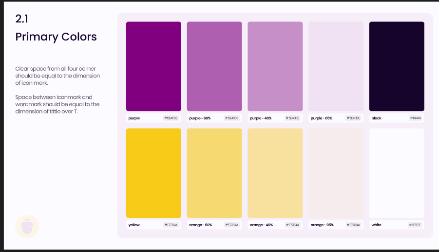 Purple Acorn primary colours — purples, yellows, and tints with hex values