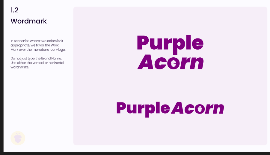 Purple Acorn wordmark variations in the brand purple