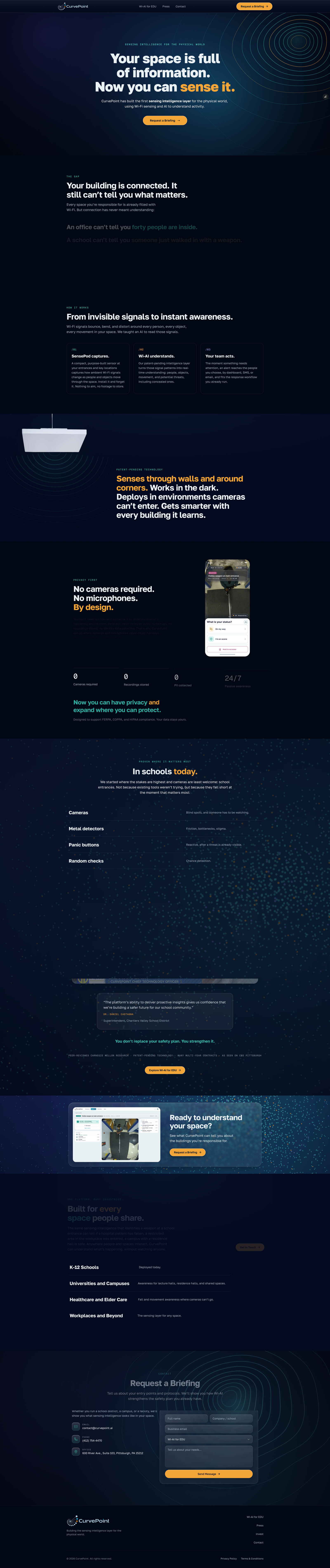 The relaunched curvepoint.ai — deep navy homepage with radiating signal rings and the headline 'Your space is full of information. Now you can sense it.'