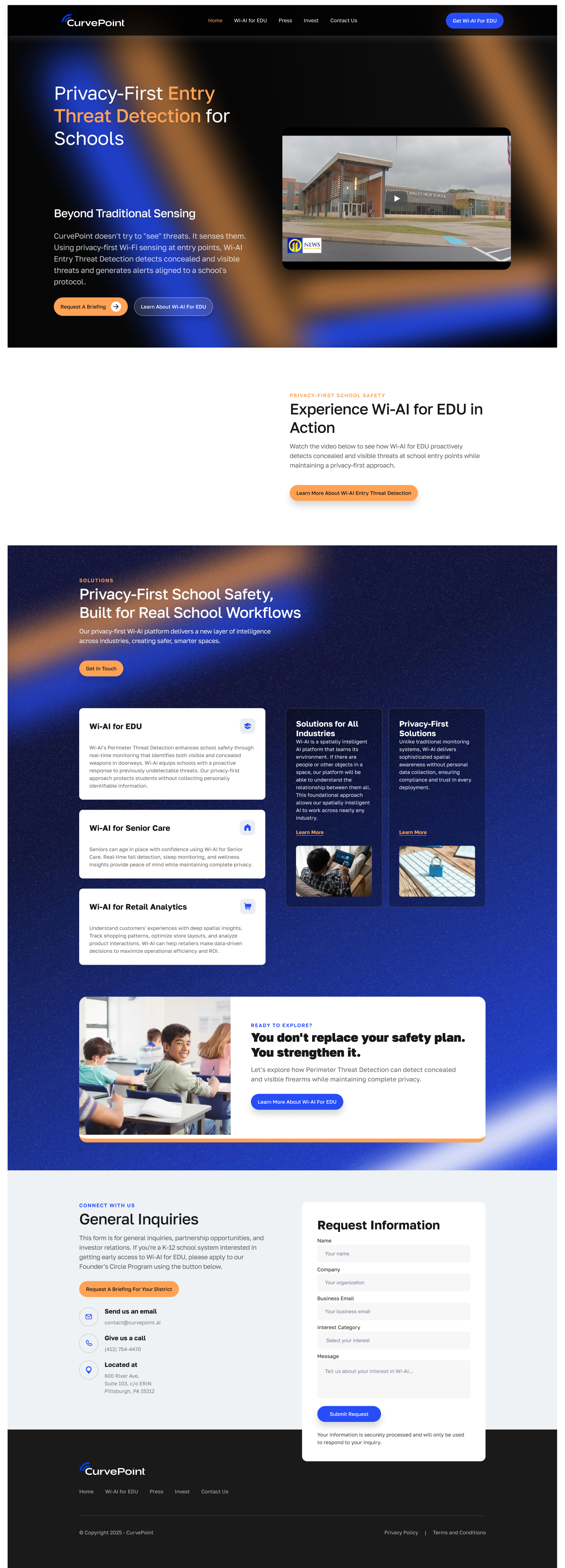 CurvePoint's earlier website — a black and orange page headlined 'Privacy-First Entry Threat Detection for Schools'