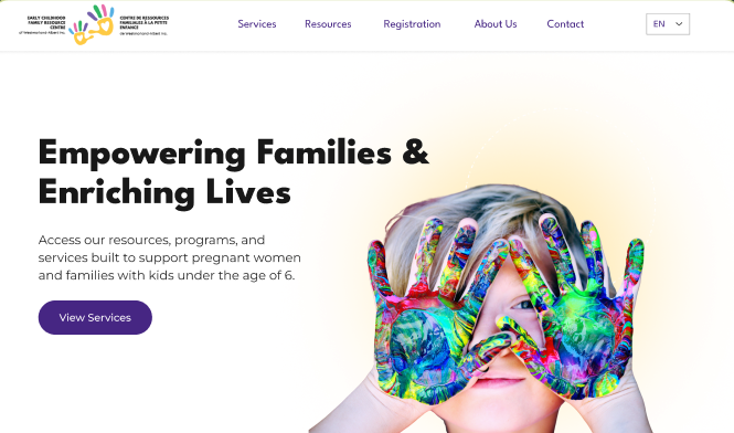 The redesigned Early Childhood Family Resource Centre website — bright painted-hands imagery and bilingual navigation
