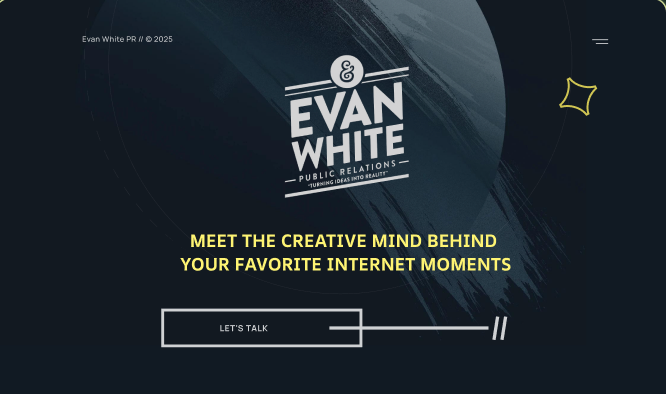 The new Evan White site — dark cinematic homepage, 'Meet the creative mind behind your favorite internet moments'