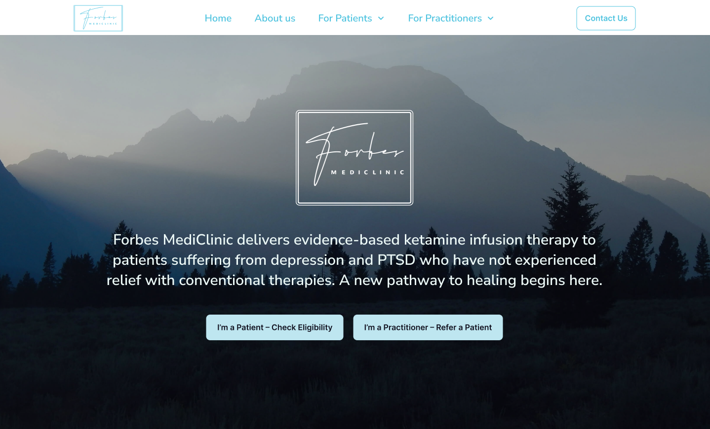 Forbes MediClinic homepage design — misty mountain hero with the clinic's script wordmark and patient and practitioner pathways