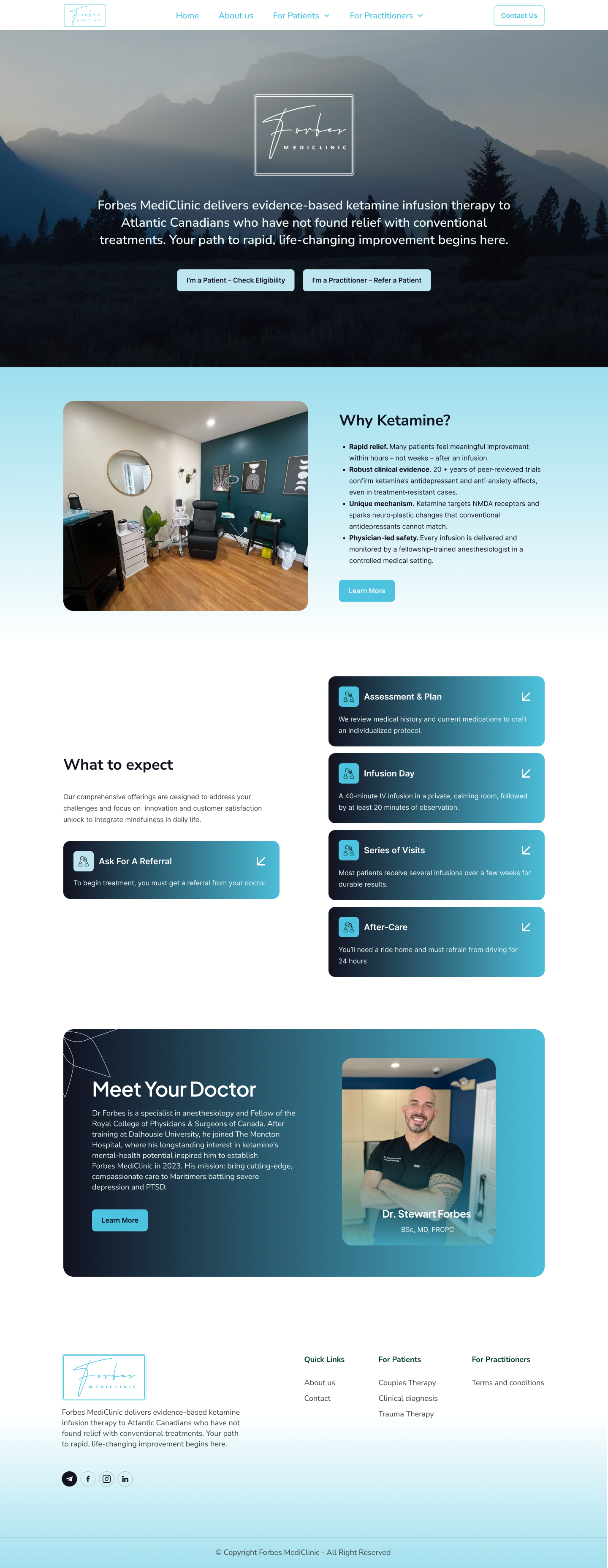 The Forbes MediClinic site — misty mountain hero with the clinic's script wordmark and patient and practitioner pathways