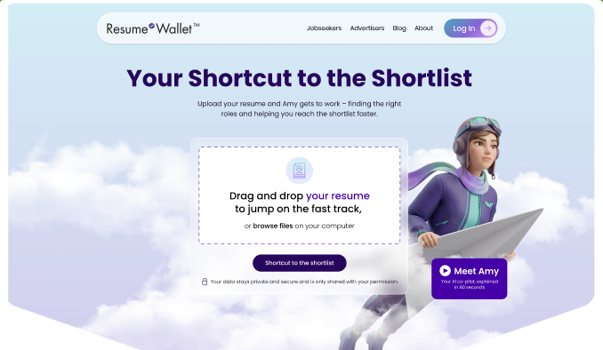 The rebuilt Resume Wallet site — 'Your Shortcut to the Shortlist' with Amy, the AI co-pilot