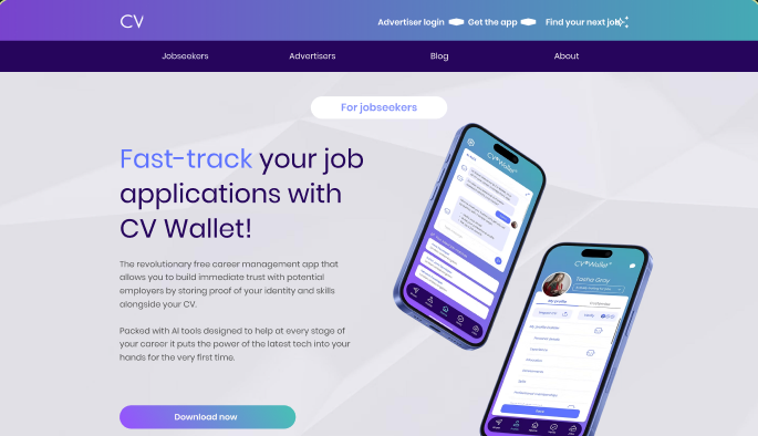 The earlier CV Wallet website — gradient app-download page