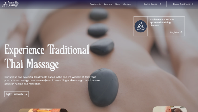 The redesigned Atlantic Thai Massage site — an elegant dark homepage with hot-stone imagery and course registration